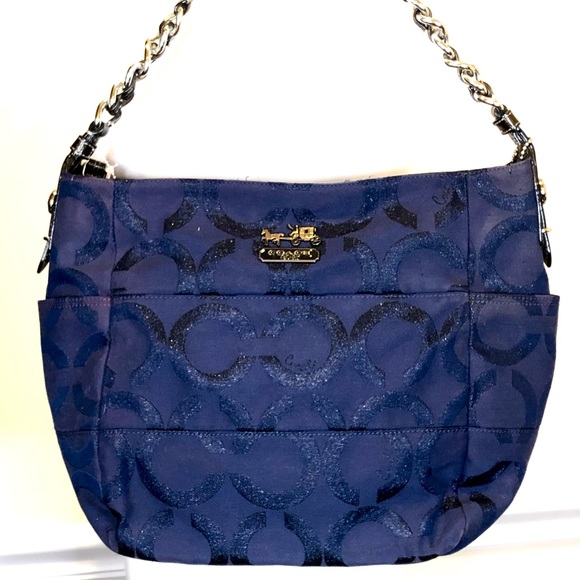 COACH Navy Blue Glitter Signature C Silver Braided Shoulder Bag w Blue Interior - Picture 10 of 14